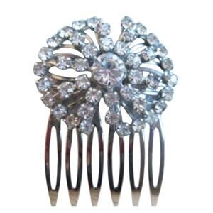 Silver Rhinestone Hair Comb Vintage Jewelry Bridal Wedding Formal Accessory Clip